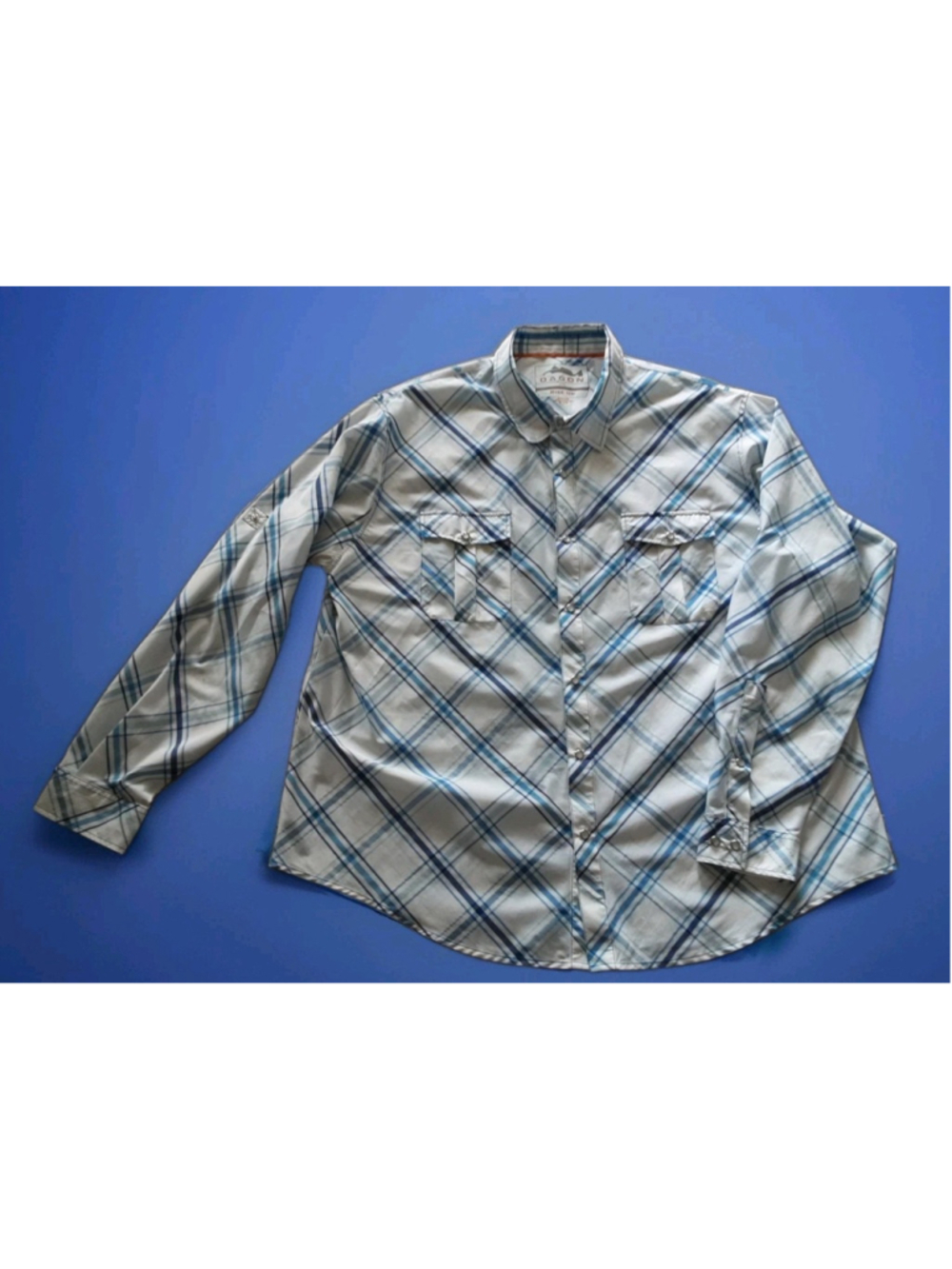 DAGON-FISHING Shirt-PLAID-Blue White-CRABS On Back- Nylon Performance-Sz XXL